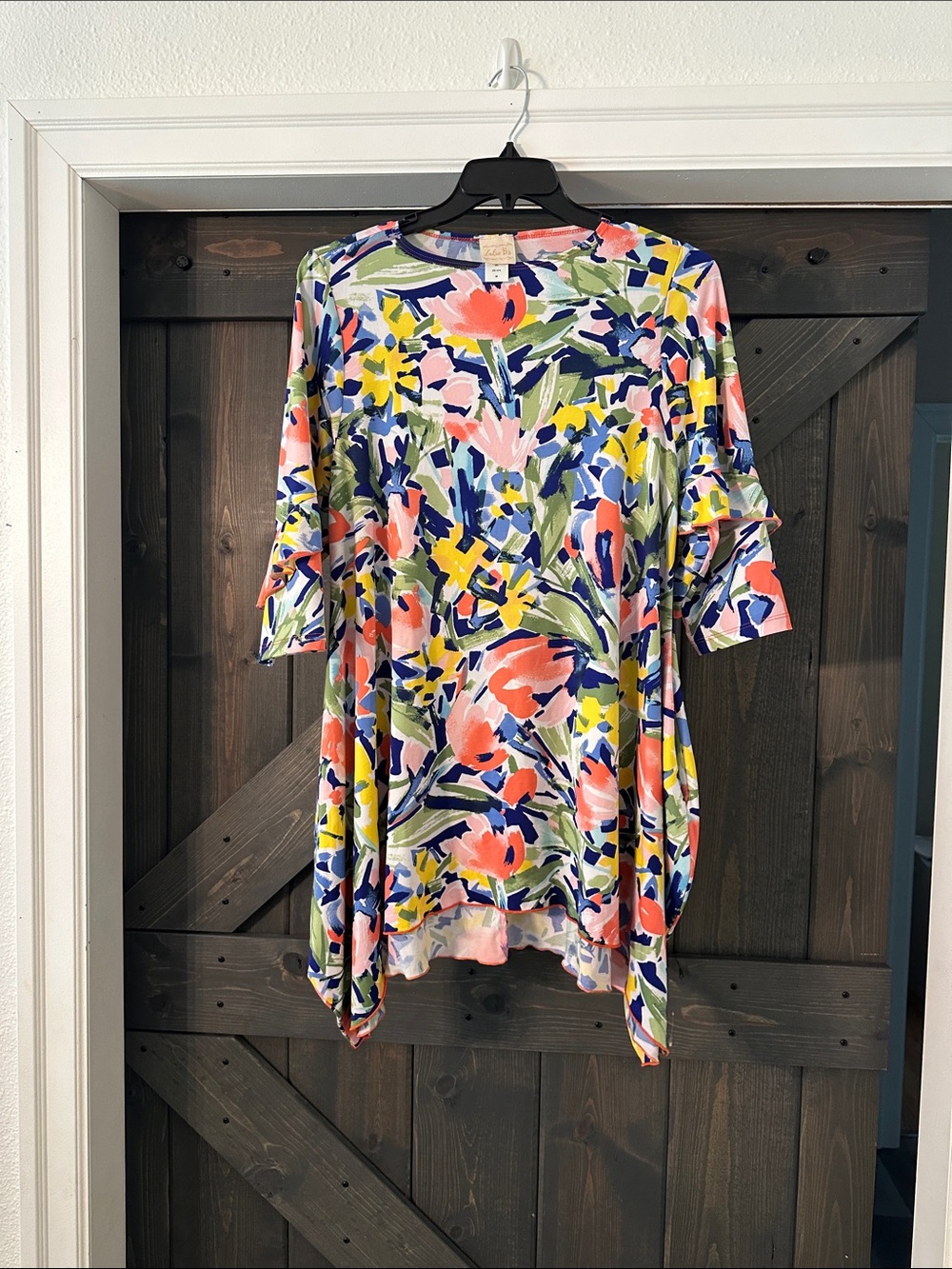 Floral Multicolor Midi Top with Coral & Navy Accents